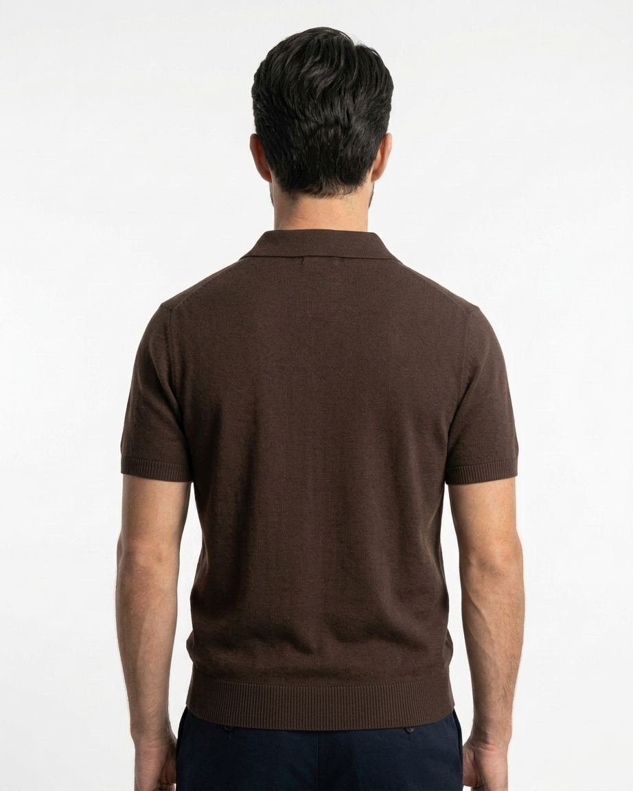 Kalidas Milano Open Collar Flat Knit Polo – Espresso Brown