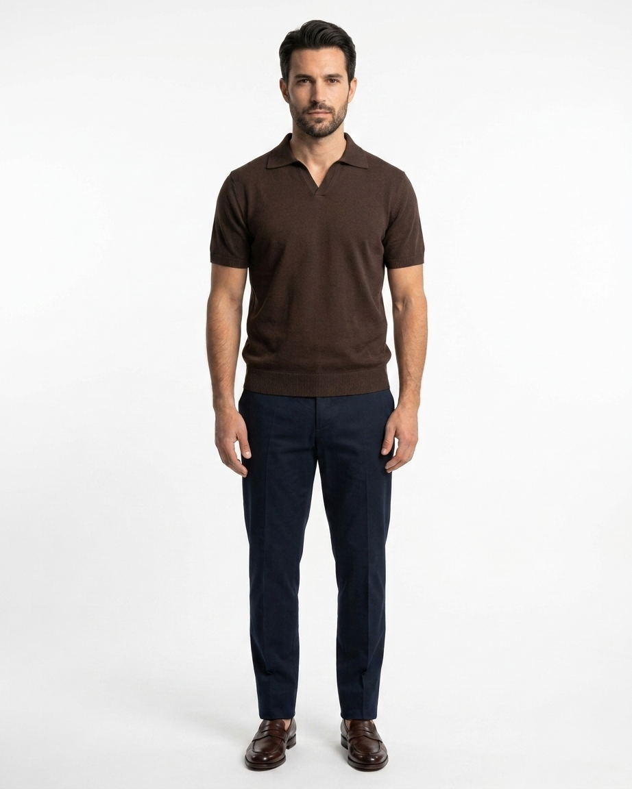 Kalidas Milano Open Collar Flat Knit Polo – Espresso Brown