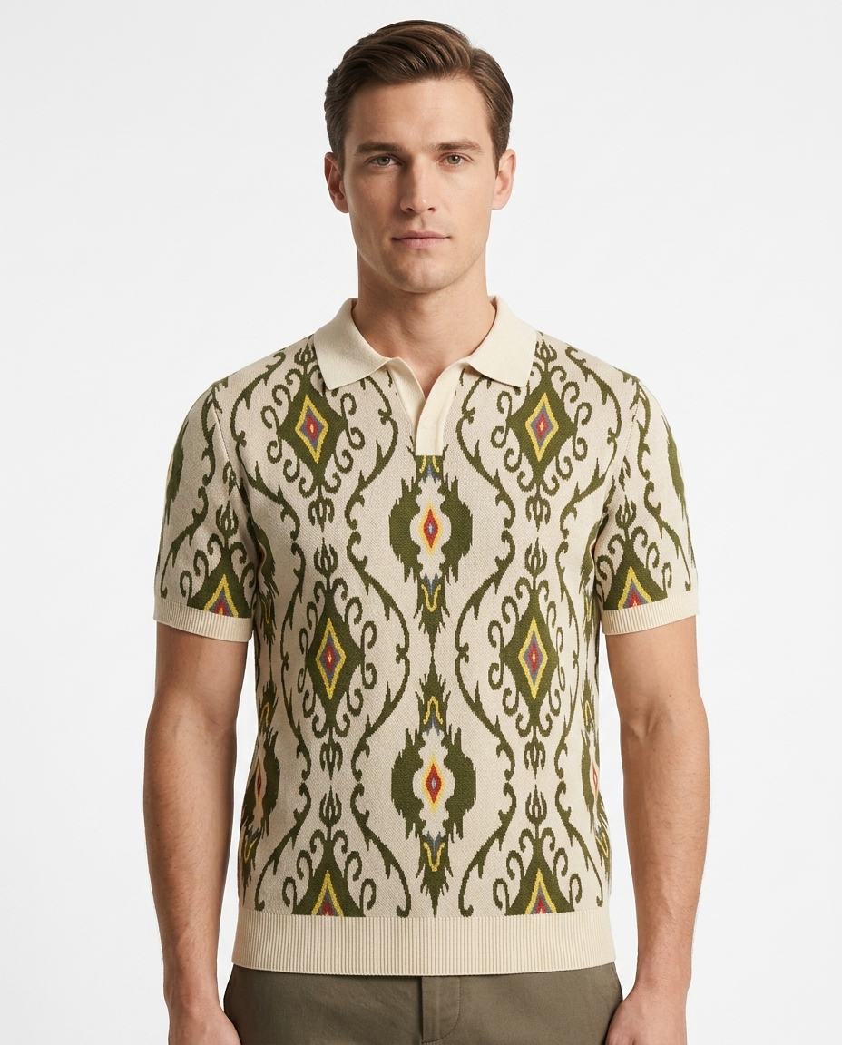 Kalidas Ikat Heritage Flat Knit Polo – Ivory Olive