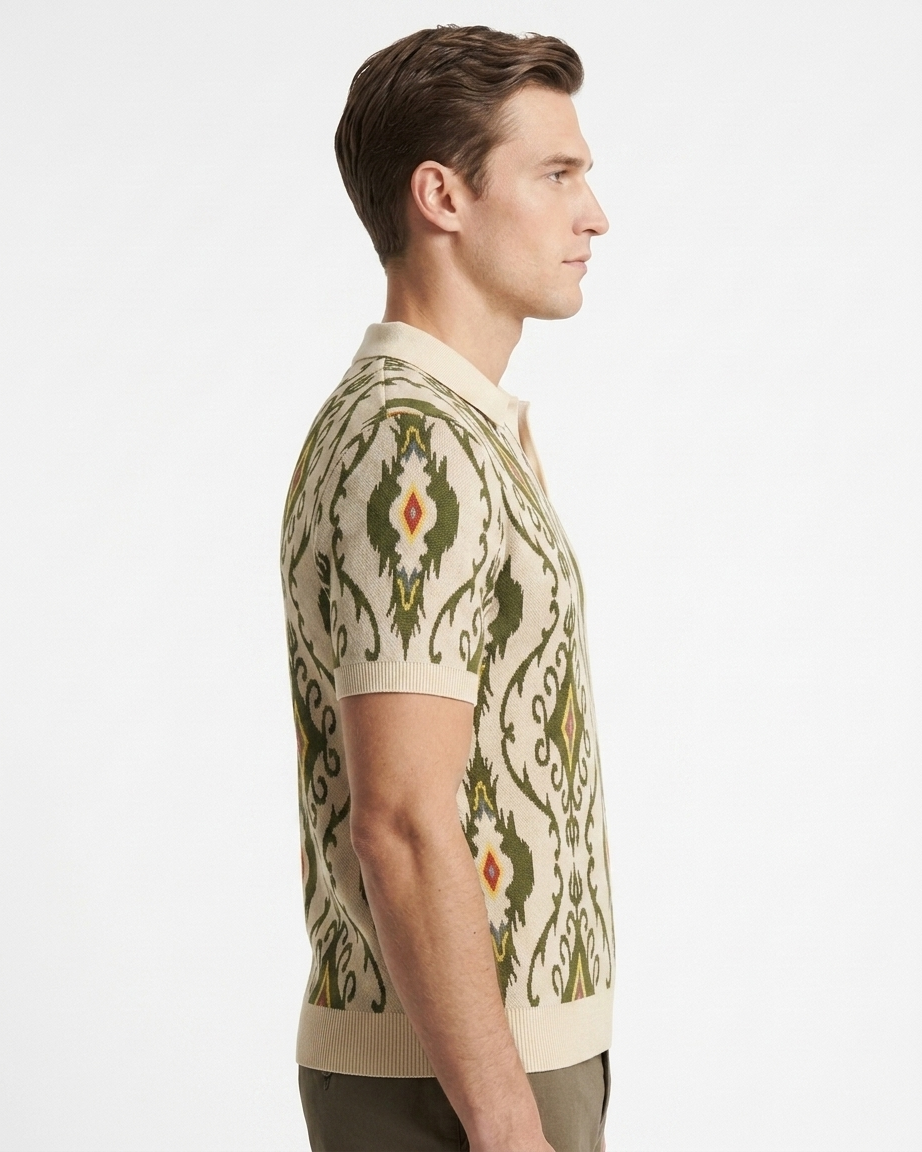 Kalidas Ikat Heritage Flat Knit Polo – Ivory Olive