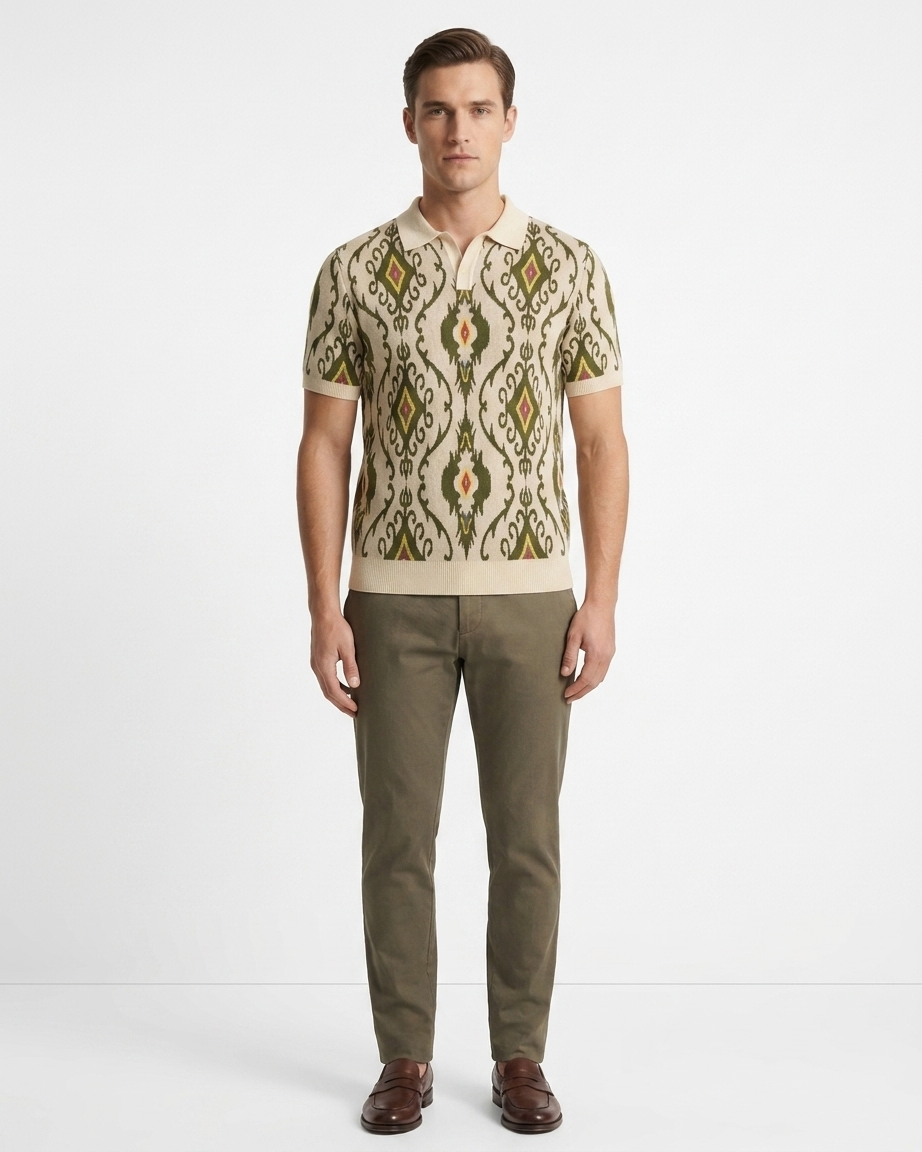 Kalidas Ikat Heritage Flat Knit Polo – Ivory Olive