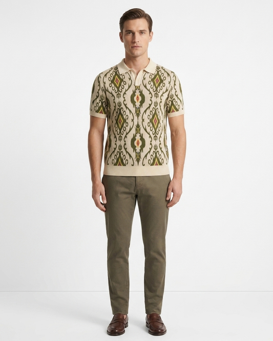 Kalidas Ikat Heritage Flat Knit Polo – Ivory Olive
