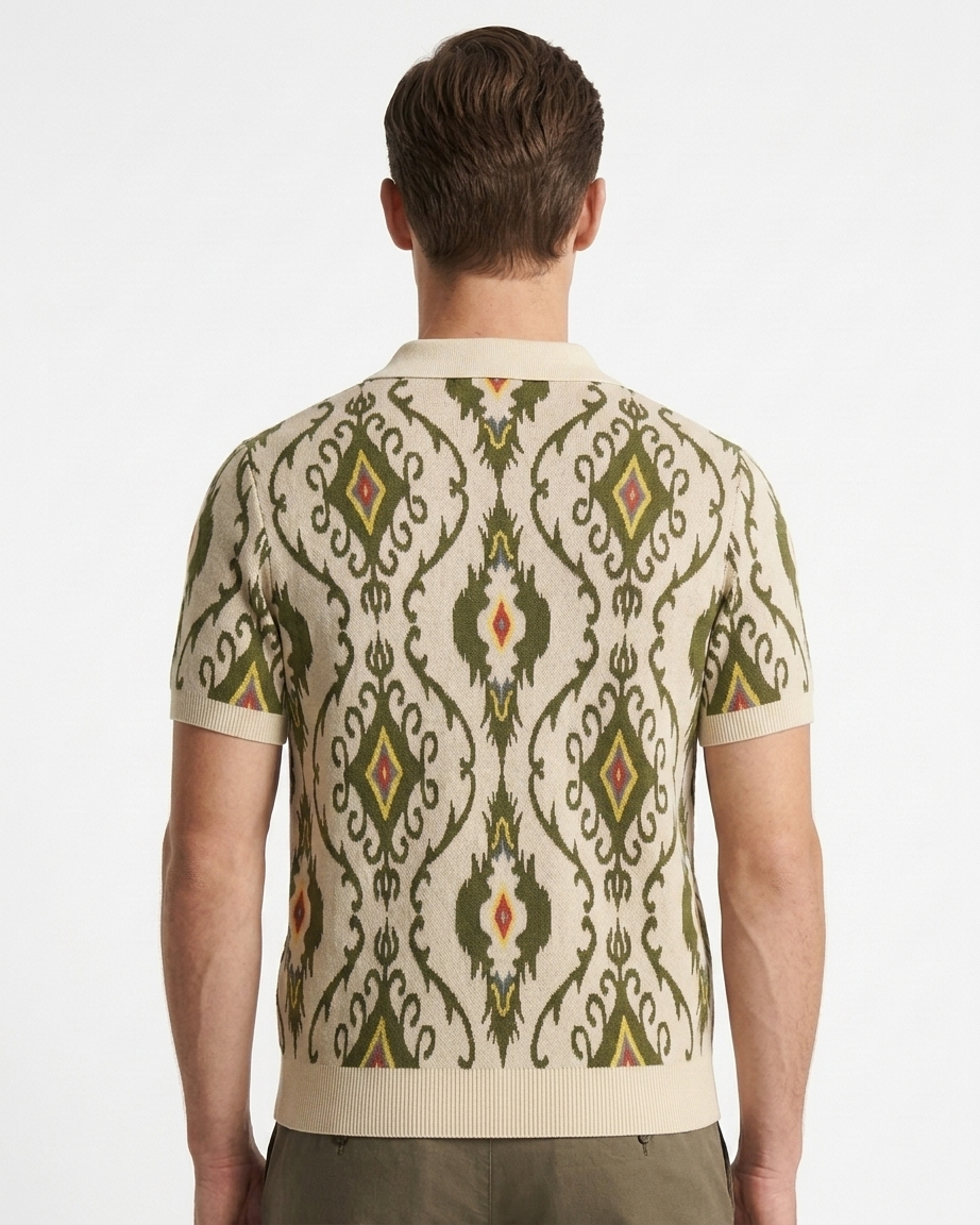 Kalidas Ikat Heritage Flat Knit Polo – Ivory Olive