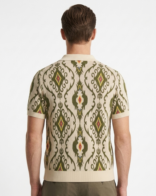 Kalidas Ikat Heritage Flat Knit Polo – Ivory Olive