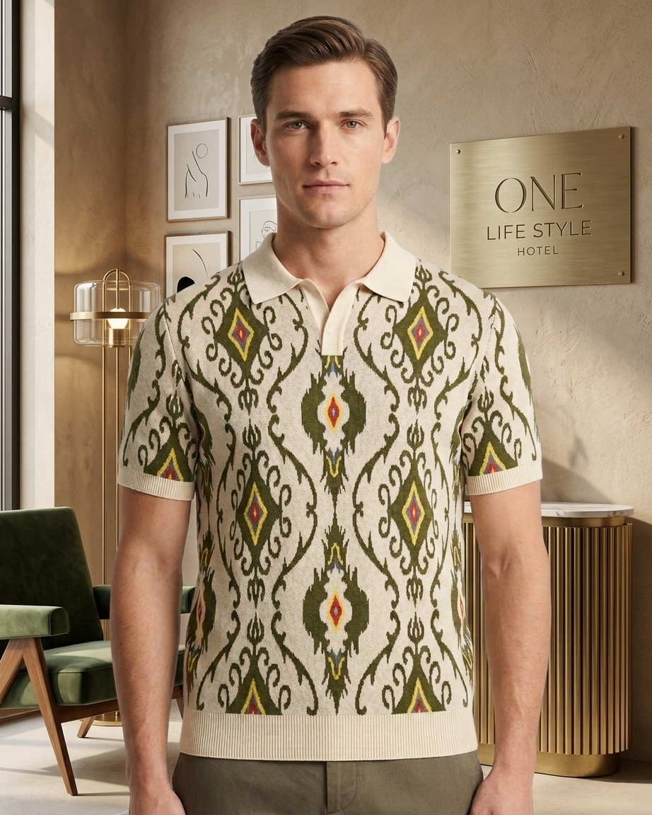 Kalidas Ikat Heritage Flat Knit Polo – Ivory Olive