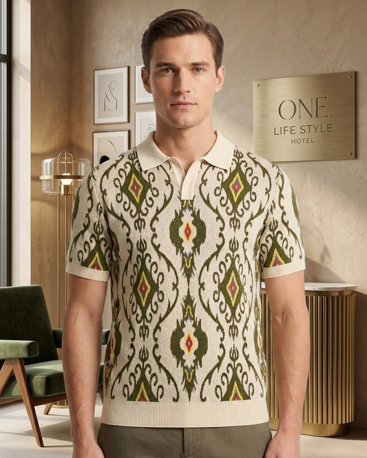 Kalidas Ikat Heritage Flat Knit Polo – Ivory Olive