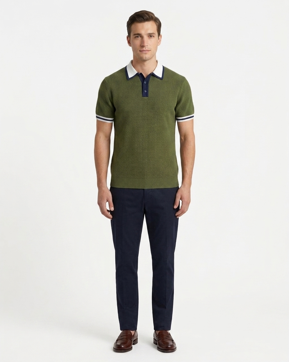 Kalidas Heritage Waffle Knit Polo – Olive Green